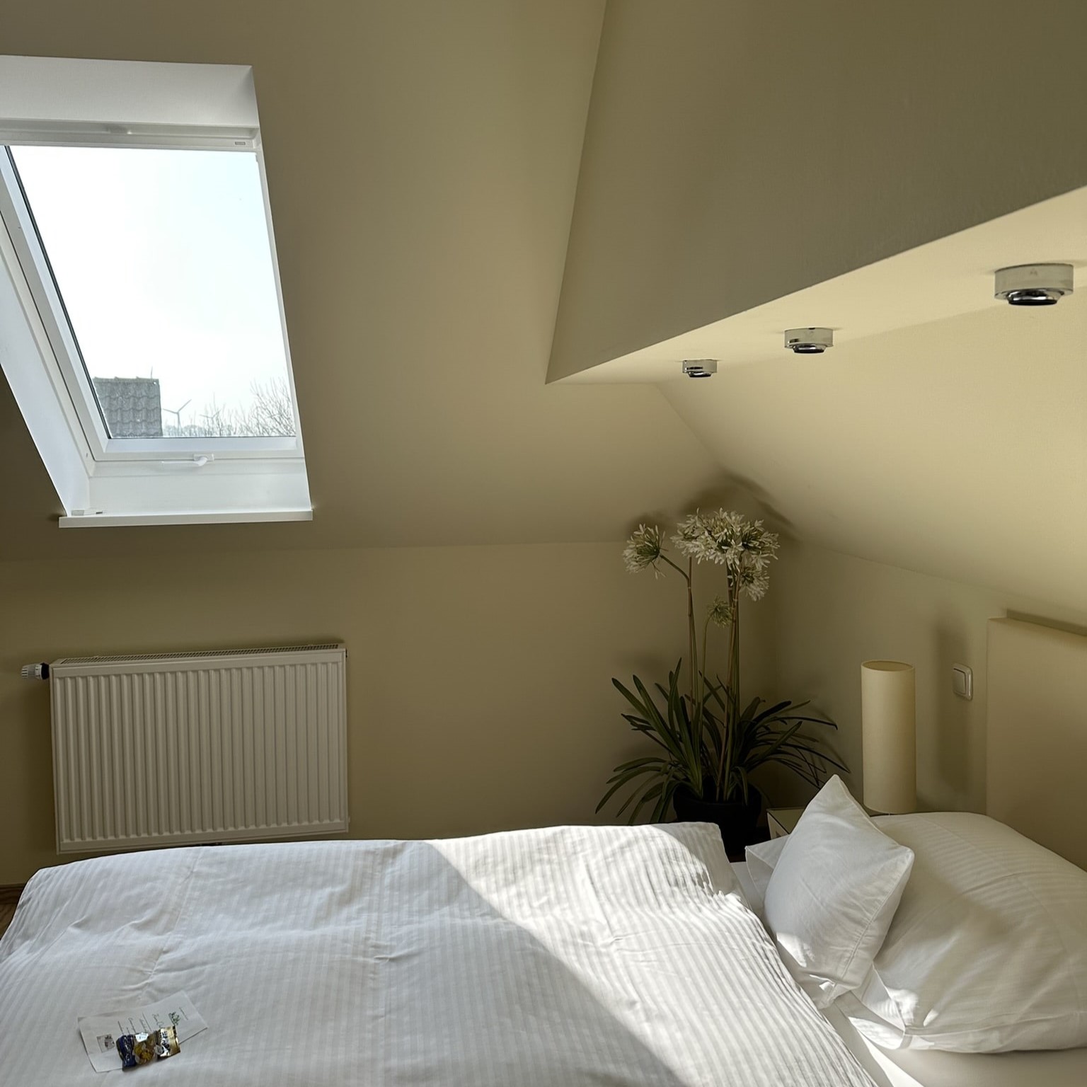 Hotelzimmer mit Dachfenster.